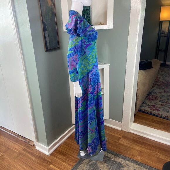 Vintage 70s Gay Gibson Psychedelic Ruffle Flutter Sleeve Maxi Dress Abstract S/M - Picture 7 of 15